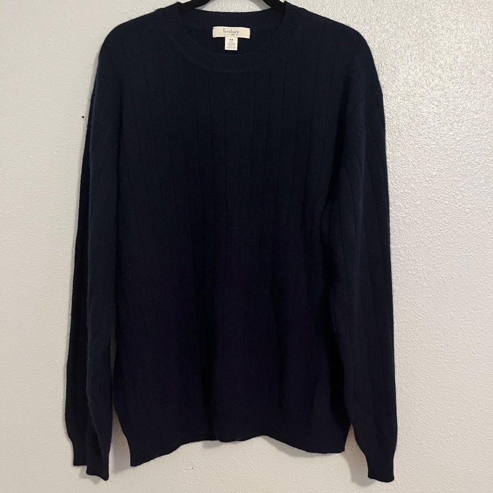 Turnbury Men's Navy Blue 100% Cashmere Crewneck Ribbed Knit Sweater Size 48 / L